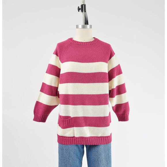 Vintage 80s Striped White Raspberry Acrylic Raglan Sleeve Sweater with Pocket - Picture 3 of 8